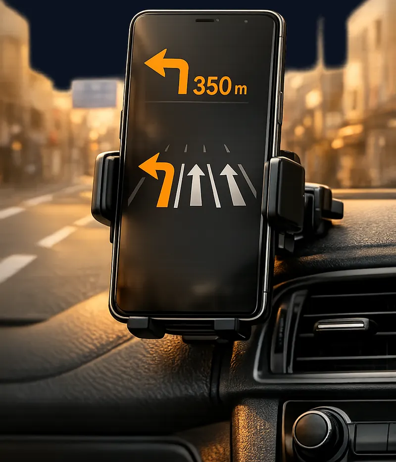 AT-Navi on a phone mounted in a car
